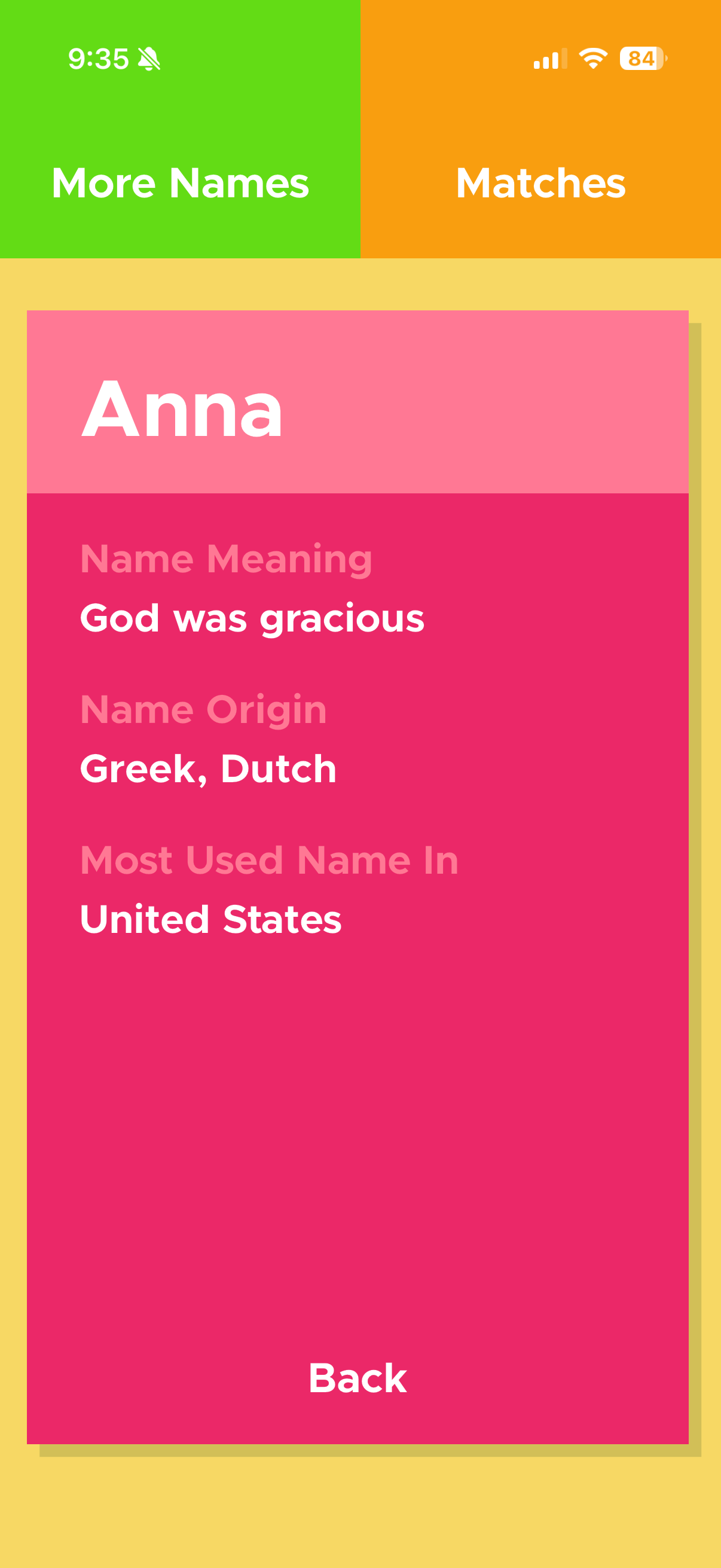 Babyname detail screen showing only name meaning, origin, and country