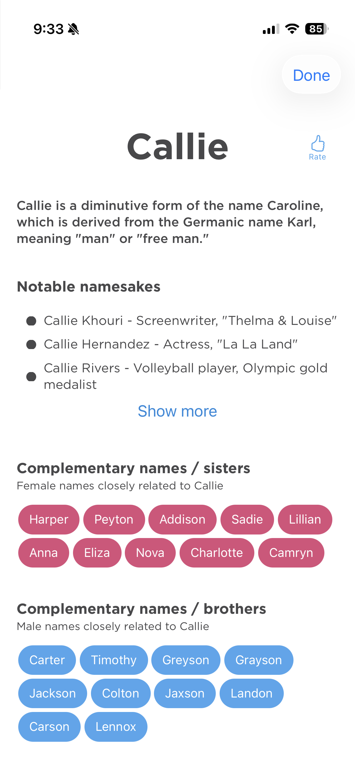 Baby Name Genius name detail screen showing namesakes, related names, and sibling suggestions