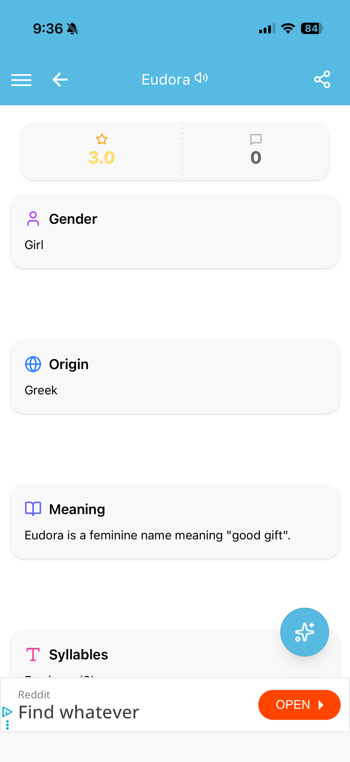 Baby Name Together detail screen with sparse name info and large empty gaps